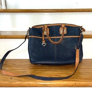 Brighton // archer domed satchel navy blue & tan pebble leather shoulder purse